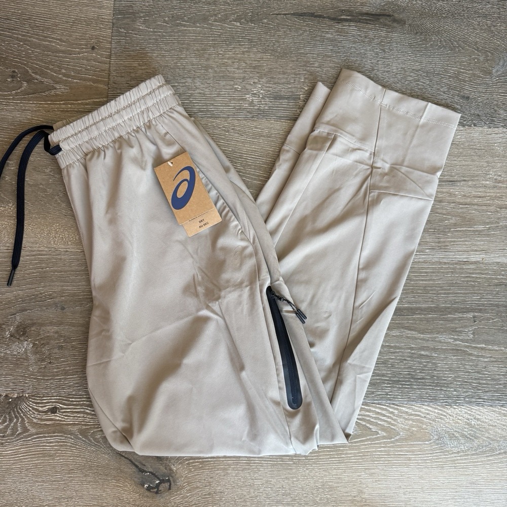 Asics Woven Joggers Pants Beige Men's Stretch Welded Leg Zip Pocket Size Small
